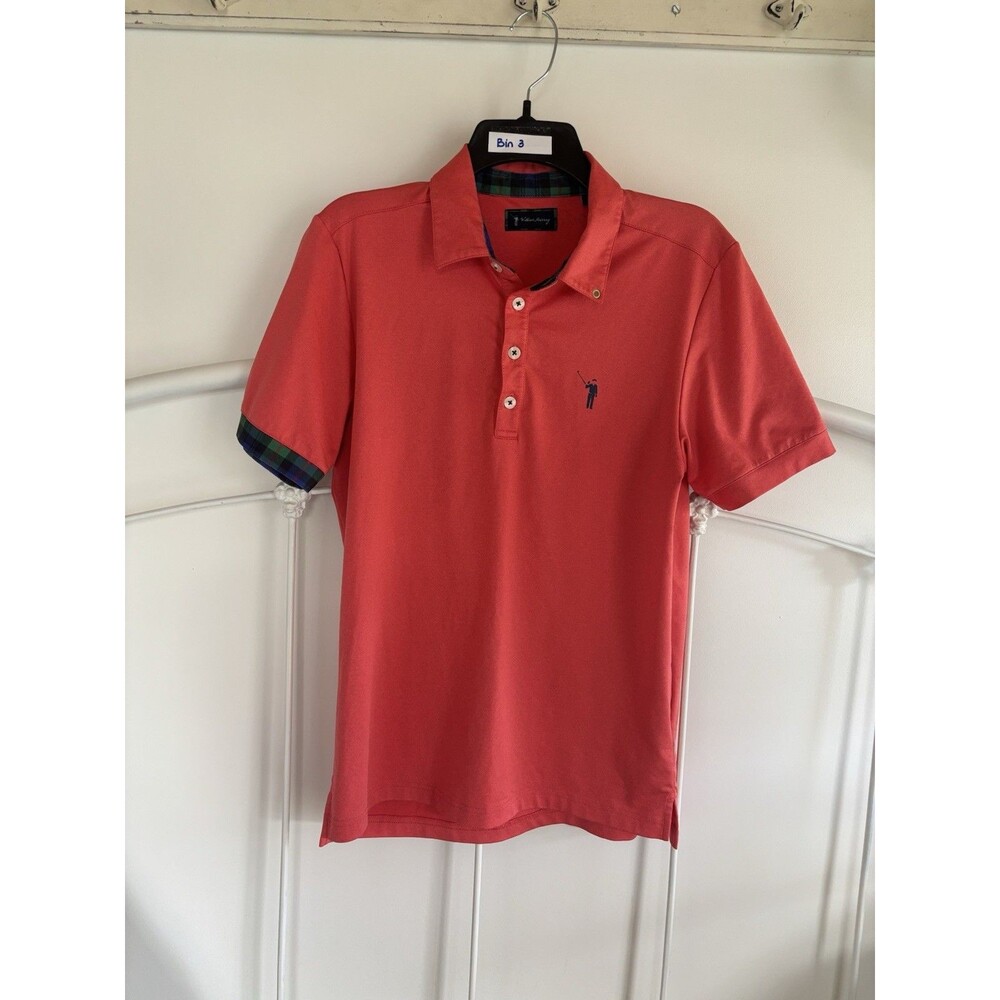 William Murray Red Coral Golf Polo Shirt Green Plaid Accents Small EUC $89